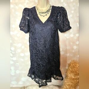 Express | Navy Lace Puff Sleeve Dress